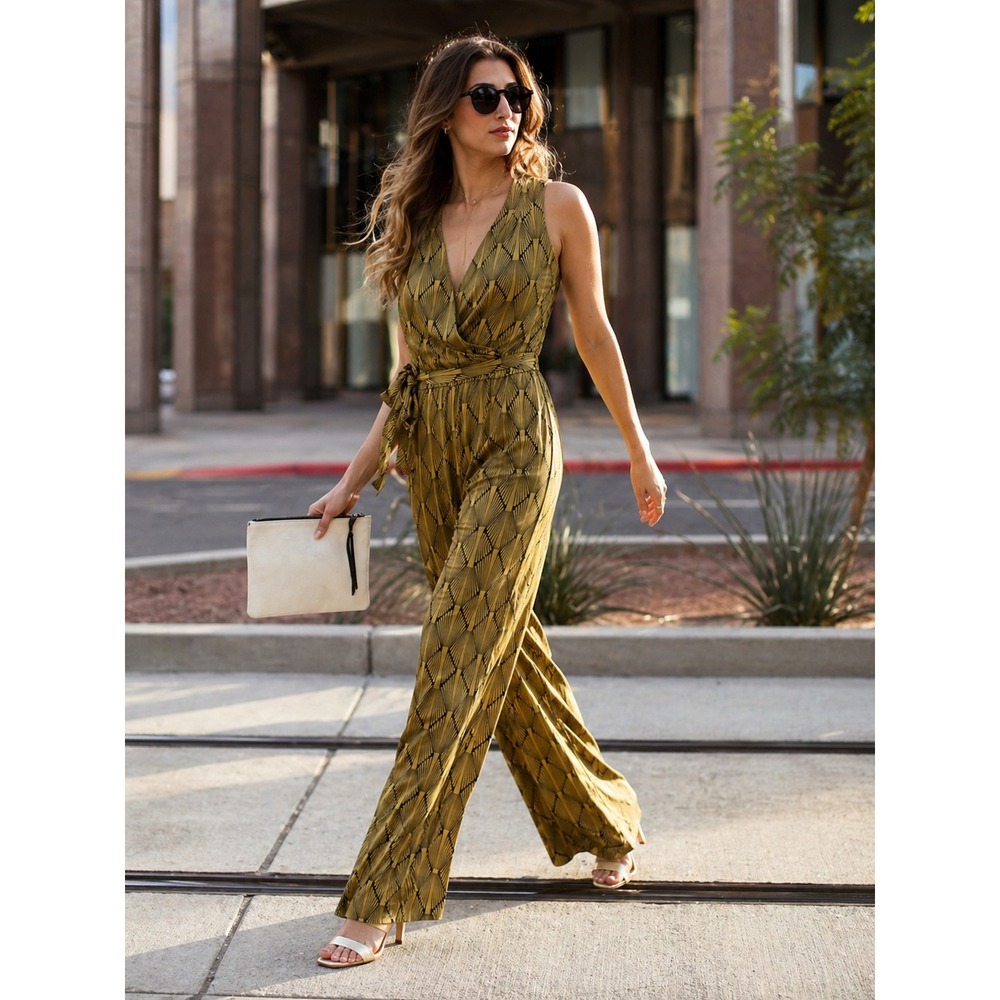 Nikki Poulos Belted Jumpsuit M Gold Art Deco Wide Leg‎ Resort Chic